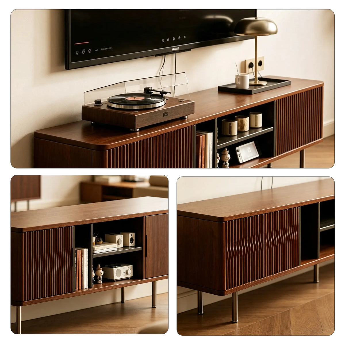 LUXORA Bauhaus TV Cabinet - 160/180cm Retro Entertainment Unit with Fluted Doors, Open Shelves & Metal Legs - Walnut