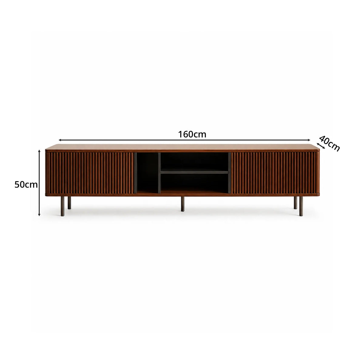 LUXORA Bauhaus TV Cabinet - 160/180cm Retro Entertainment Unit with Fluted Doors, Open Shelves & Metal Legs - Walnut