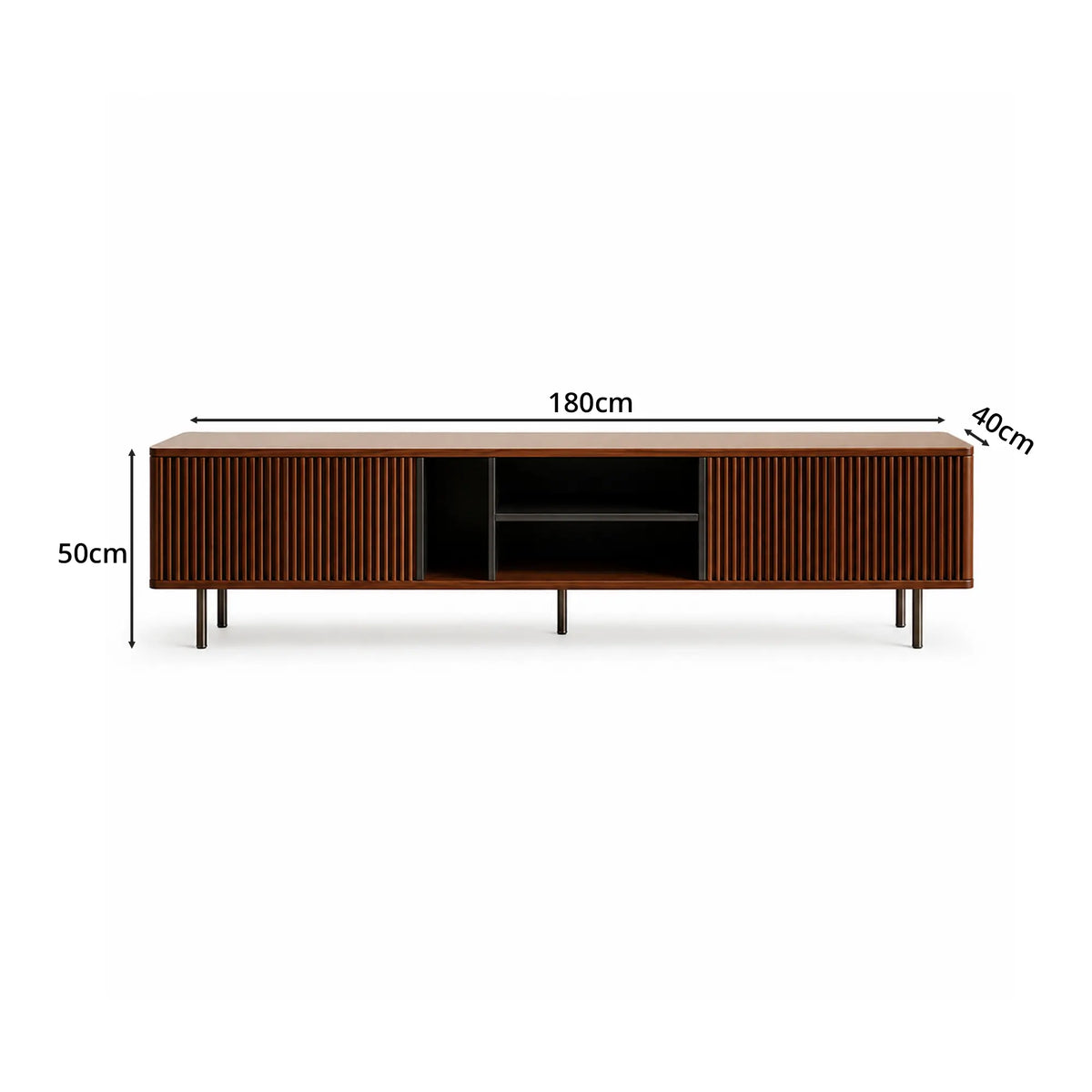 LUXORA Bauhaus TV Cabinet - 160/180cm Retro Entertainment Unit with Fluted Doors, Open Shelves & Metal Legs - Walnut