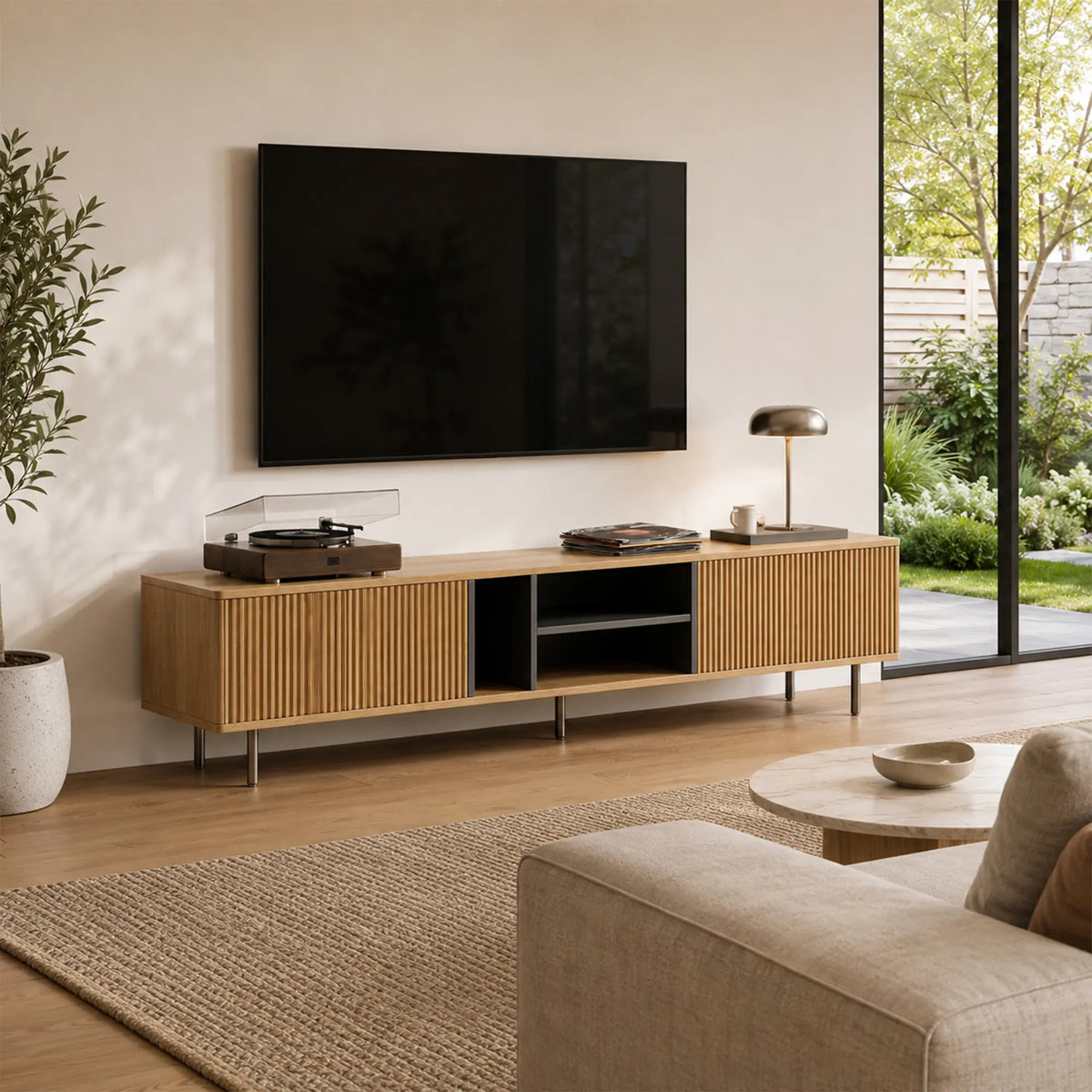 LUXORA Bauhaus TV Cabinet - 160/180cm Retro Entertainment Unit with Fluted Doors, Open Shelves & Metal Legs - Natural Oak