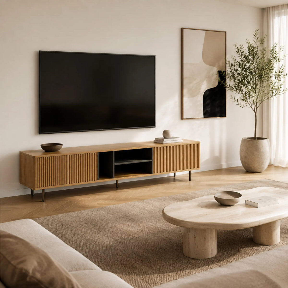 LUXORA Bauhaus TV Cabinet - 160/180cm Retro Entertainment Unit with Fluted Doors, Open Shelves & Metal Legs - Natural Oak