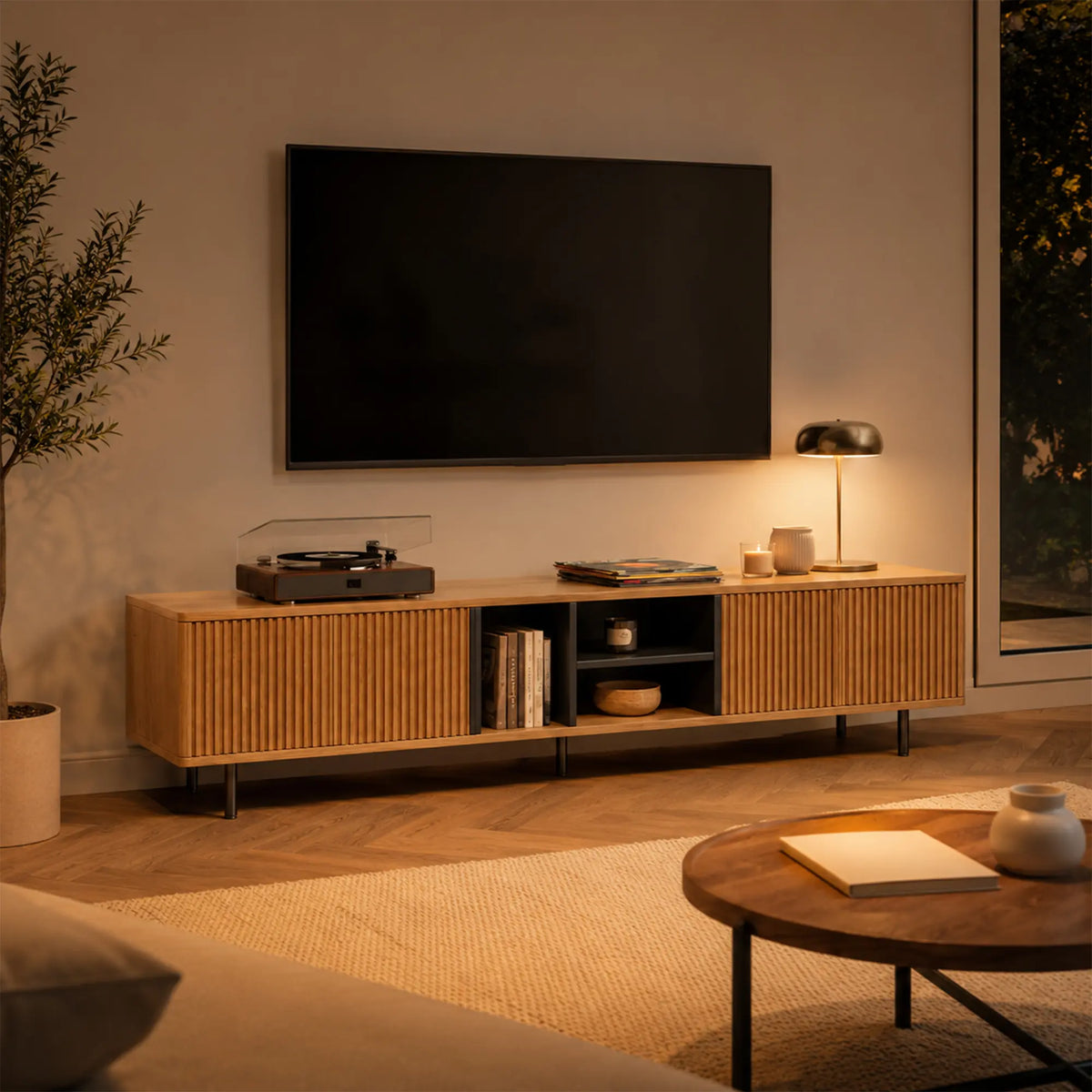 LUXORA Bauhaus TV Cabinet - 160/180cm Retro Entertainment Unit with Fluted Doors, Open Shelves & Metal Legs - Natural Oak