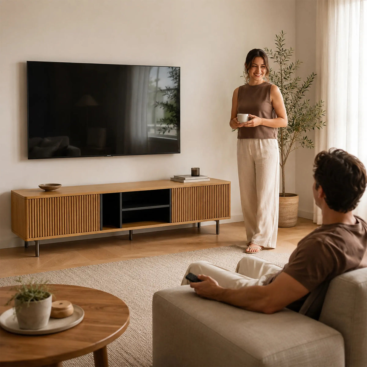 LUXORA Bauhaus TV Cabinet - 160/180cm Retro Entertainment Unit with Fluted Doors, Open Shelves & Metal Legs - Natural Oak