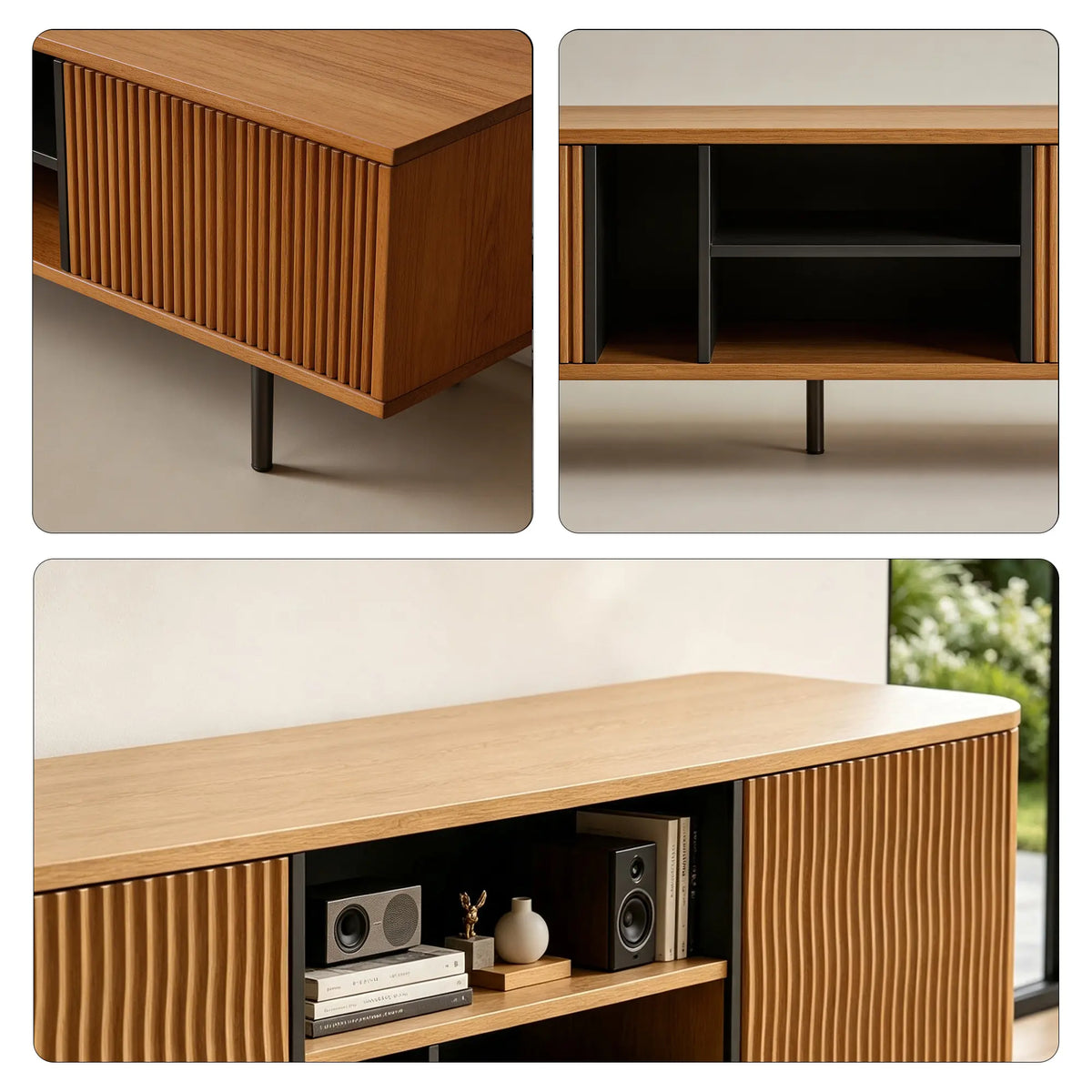 LUXORA Bauhaus TV Cabinet - 160/180cm Retro Entertainment Unit with Fluted Doors, Open Shelves & Metal Legs - Natural Oak