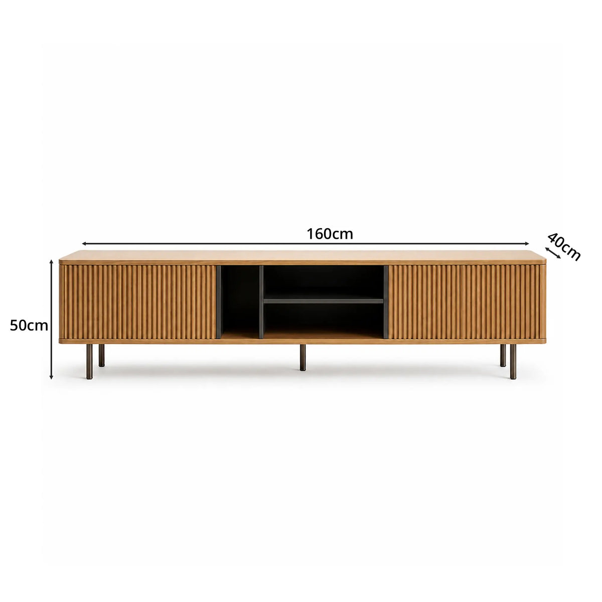 LUXORA Bauhaus TV Cabinet - 160/180cm Retro Entertainment Unit with Fluted Doors, Open Shelves & Metal Legs - Natural Oak
