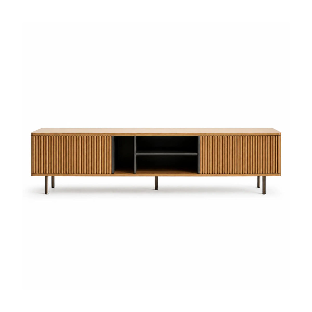 LUXORA Bauhaus TV Cabinet - 160/180cm Retro Entertainment Unit with Fluted Doors, Open Shelves & Metal Legs - Natural Oak