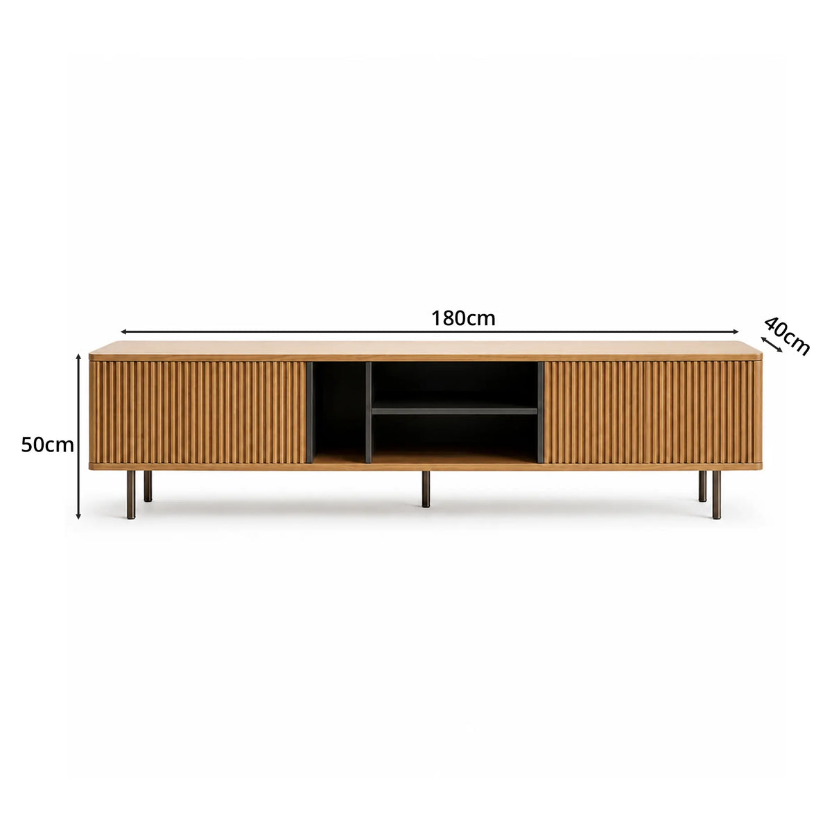 LUXORA Bauhaus TV Cabinet - 160/180cm Retro Entertainment Unit with Fluted Doors, Open Shelves & Metal Legs - Natural Oak