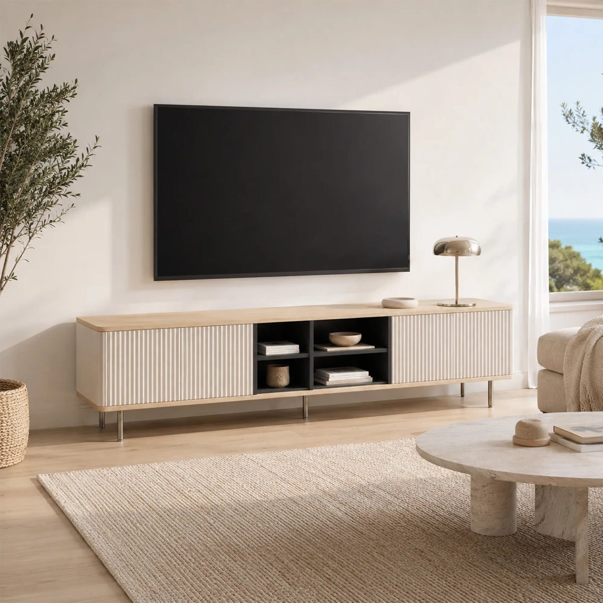 LUXORA Bauhaus TV Cabinet - 160/180cm Retro Entertainment Unit with Fluted Doors, Open Shelves & Metal Legs - White
