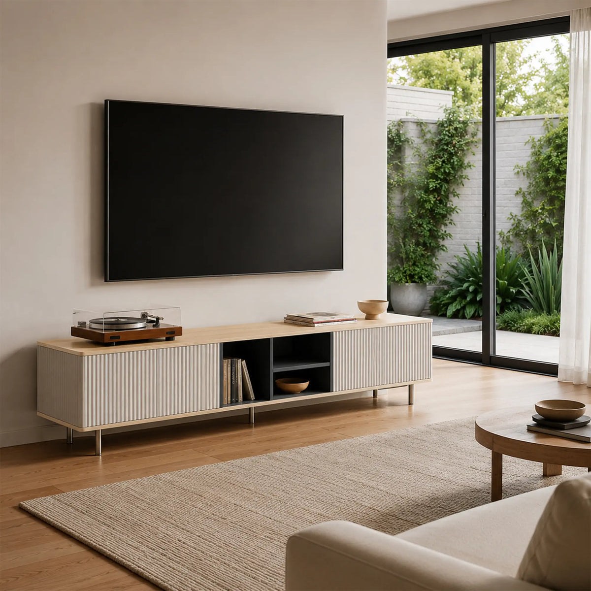 LUXORA Bauhaus TV Cabinet - 160/180cm Retro Entertainment Unit with Fluted Doors, Open Shelves & Metal Legs - White
