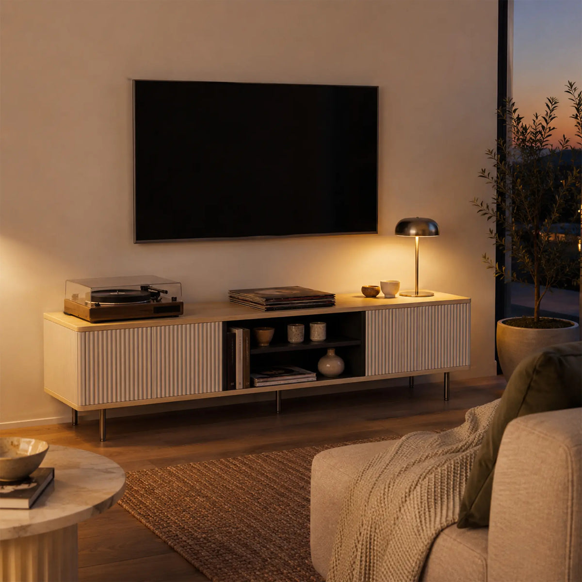 LUXORA Bauhaus TV Cabinet - 160/180cm Retro Entertainment Unit with Fluted Doors, Open Shelves & Metal Legs - White