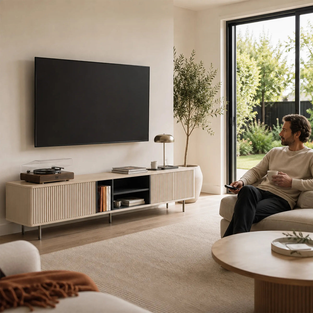 LUXORA Bauhaus TV Cabinet - 160/180cm Retro Entertainment Unit with Fluted Doors, Open Shelves & Metal Legs - White