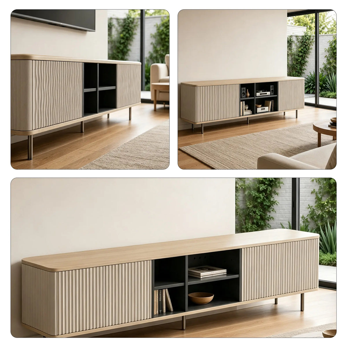 LUXORA Bauhaus TV Cabinet - 160/180cm Retro Entertainment Unit with Fluted Doors, Open Shelves & Metal Legs - White