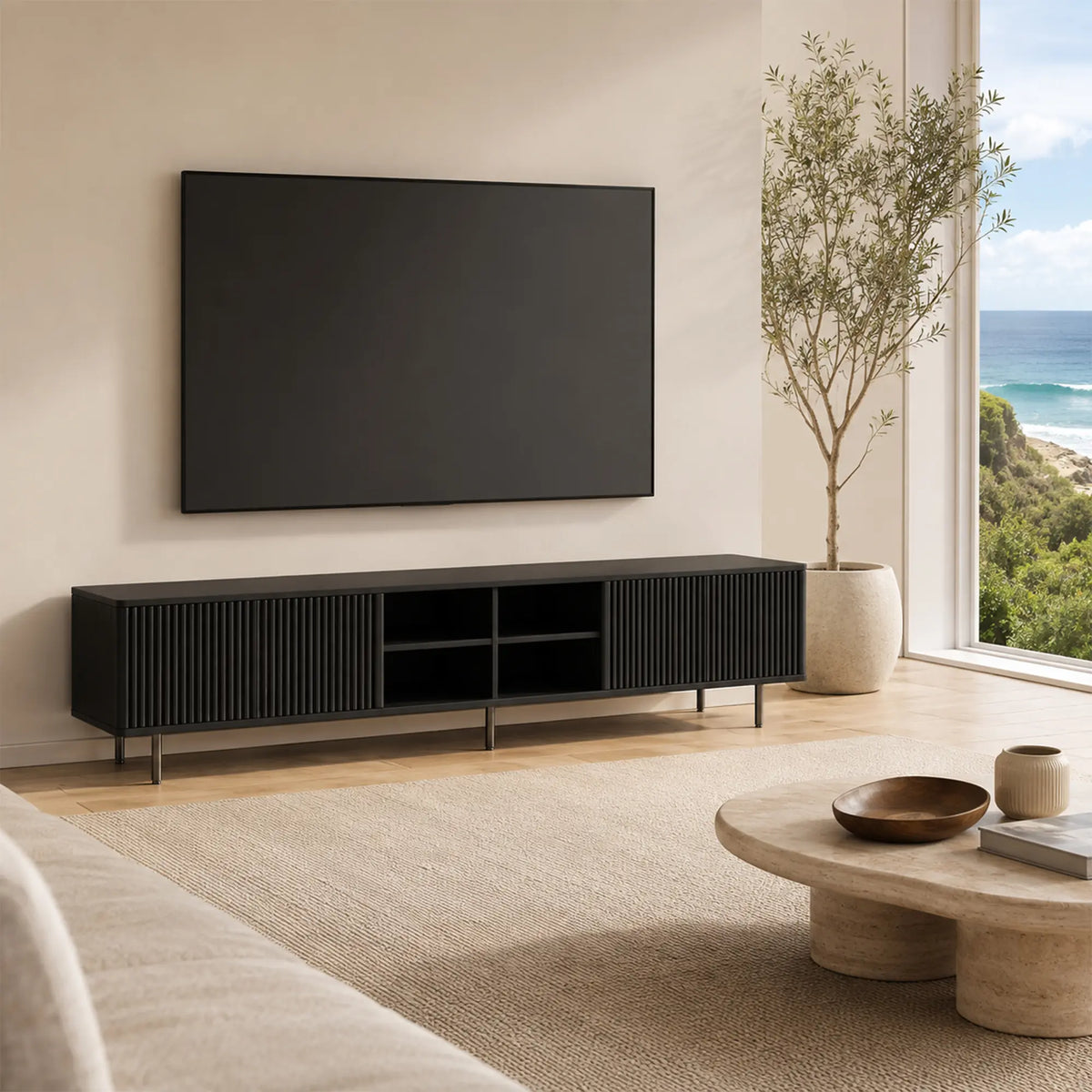 LUXORA Bauhaus TV Cabinet - 160/180cm Retro Entertainment Unit with Fluted Doors, Open Shelves & Metal Legs - Black