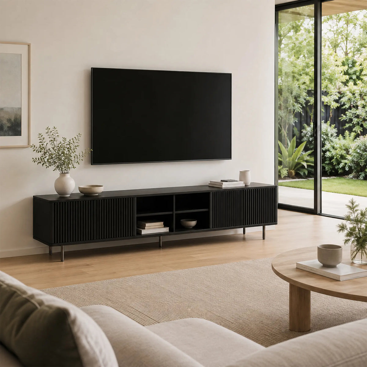 LUXORA Bauhaus TV Cabinet - 160/180cm Retro Entertainment Unit with Fluted Doors, Open Shelves & Metal Legs - Black