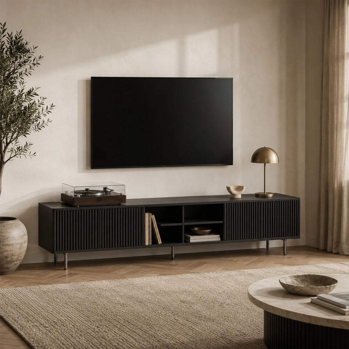 LUXORA Bauhaus TV Cabinet - 160/180cm Retro Entertainment Unit with Fluted Doors, Open Shelves & Metal Legs - Black