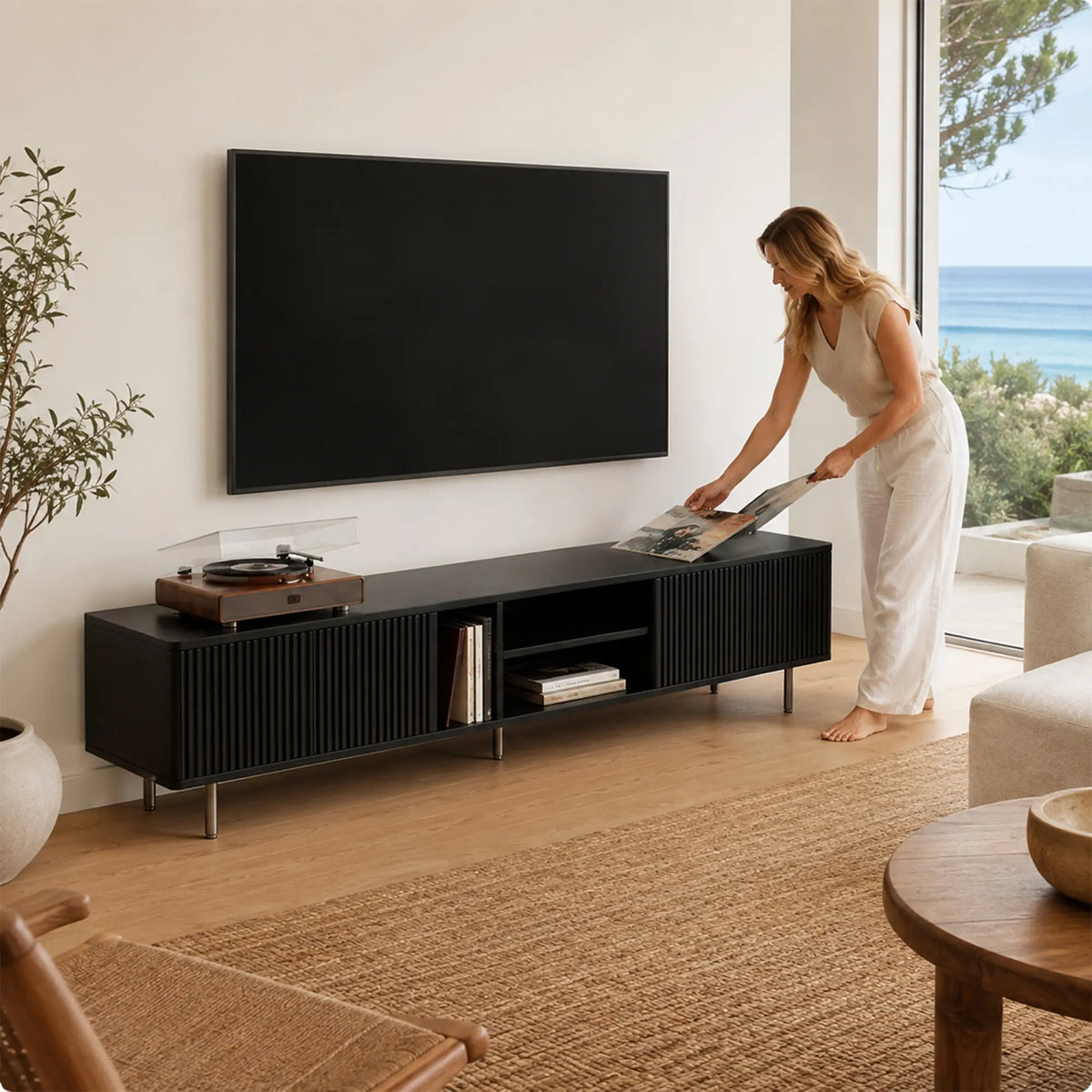 LUXORA Bauhaus TV Cabinet - 160/180cm Retro Entertainment Unit with Fluted Doors, Open Shelves & Metal Legs - Black