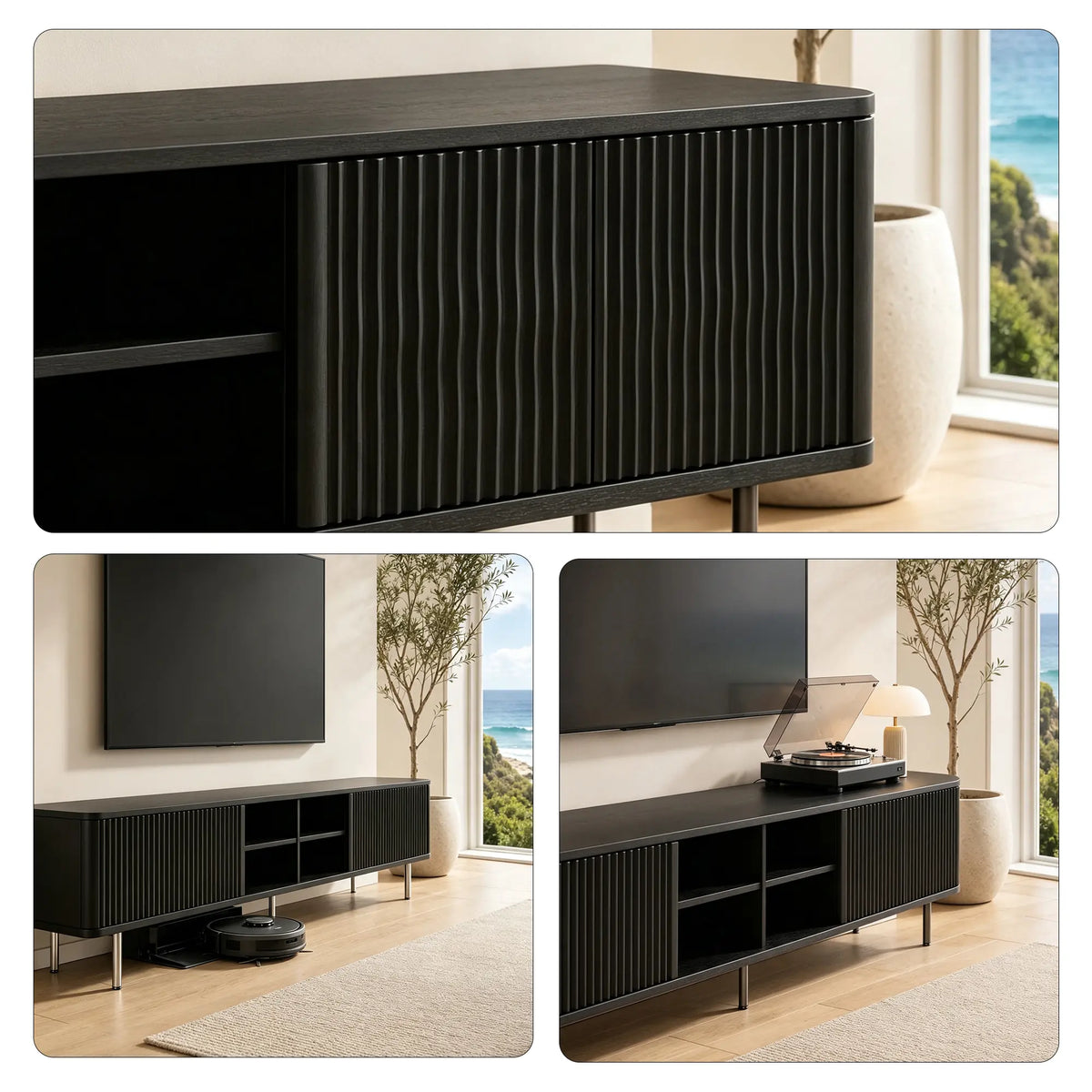 LUXORA Bauhaus TV Cabinet - 160/180cm Retro Entertainment Unit with Fluted Doors, Open Shelves & Metal Legs - Black