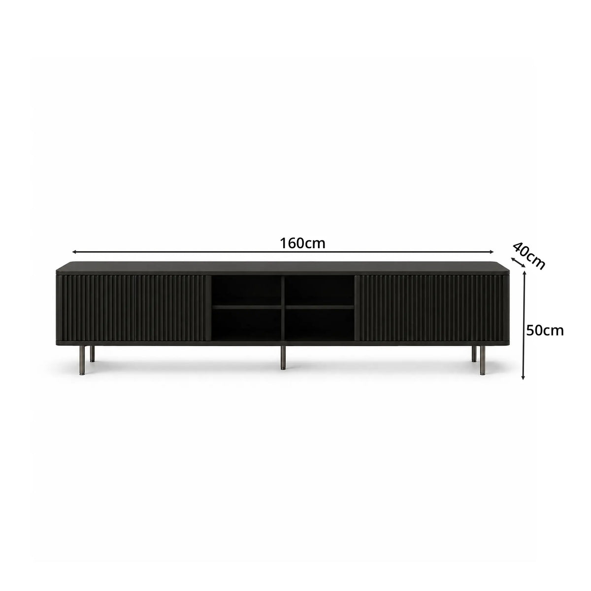 LUXORA Bauhaus TV Cabinet - 160/180cm Retro Entertainment Unit with Fluted Doors, Open Shelves & Metal Legs - Black