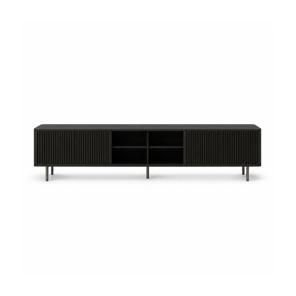 LUXORA Bauhaus TV Cabinet - 160/180cm Retro Entertainment Unit with Fluted Doors, Open Shelves & Metal Legs - Black