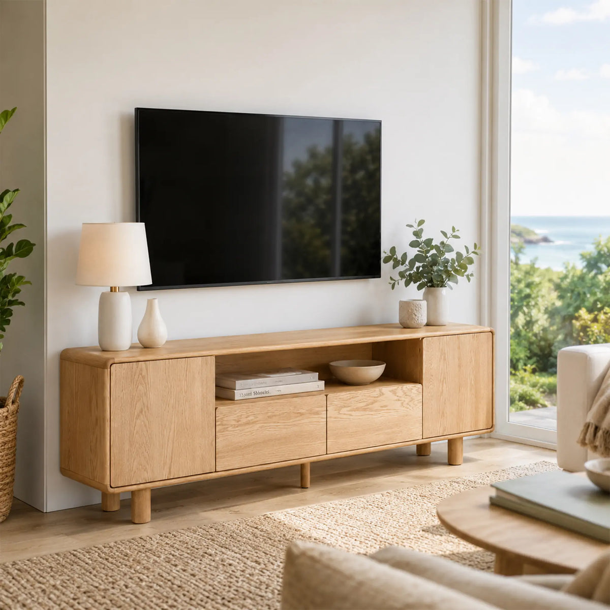LUXORA Solid Oak TV Cabinet - 180/200cm Elevated Entertainment Unit with Dual Drawers, Open Shelves & Concealed Storage - Natural Oak