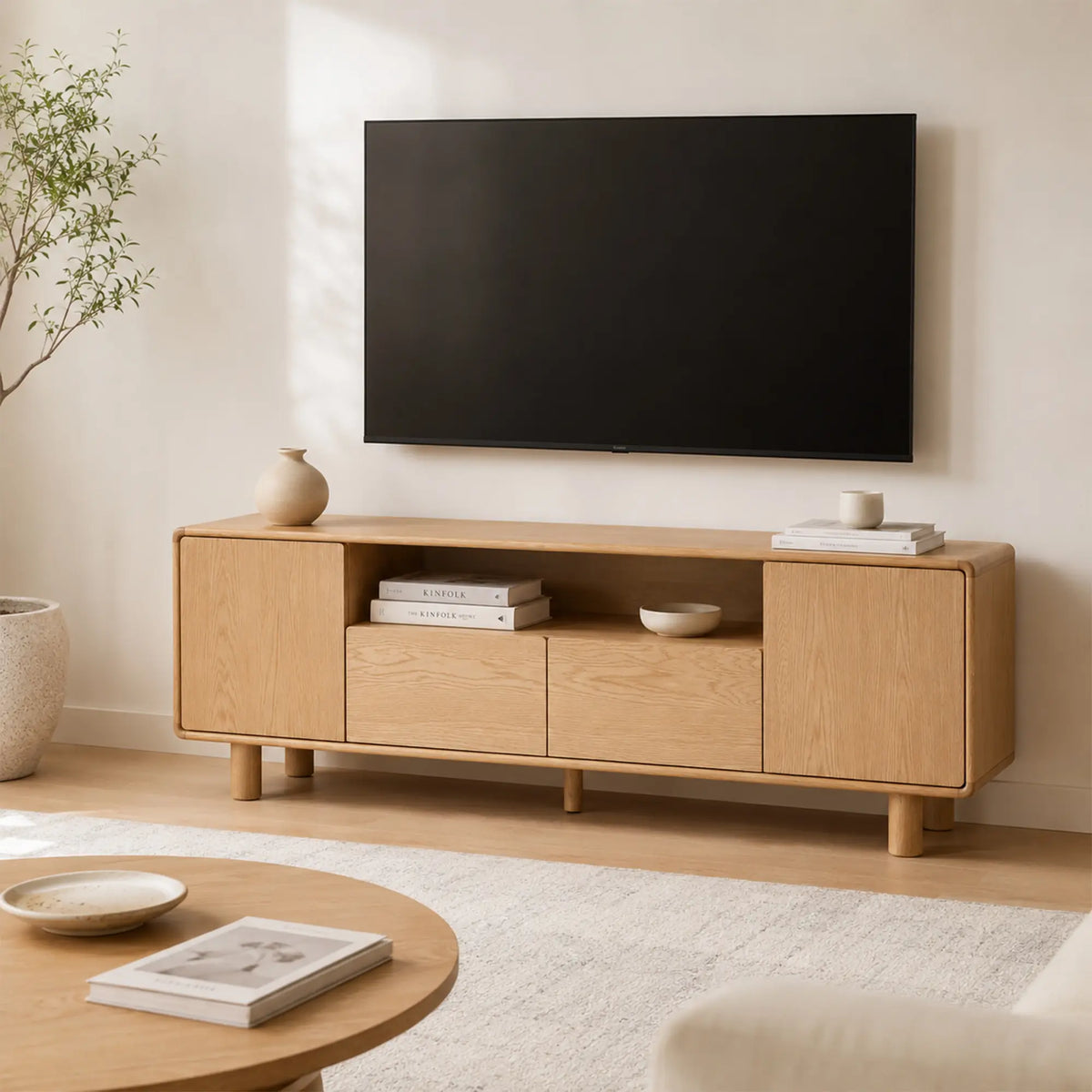 LUXORA Solid Oak TV Cabinet - 180/200cm Elevated Entertainment Unit with Dual Drawers, Open Shelves & Concealed Storage - Natural Oak