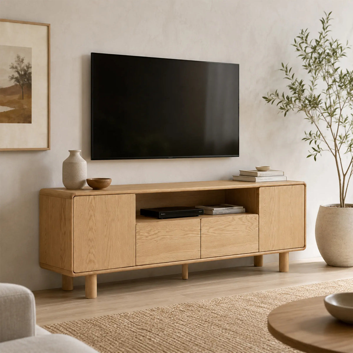 LUXORA Solid Oak TV Cabinet - 180/200cm Elevated Entertainment Unit with Dual Drawers, Open Shelves & Concealed Storage - Natural Oak