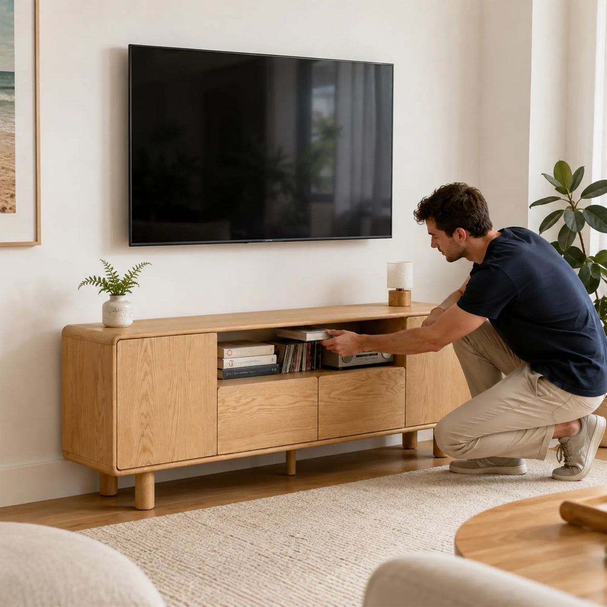 LUXORA Solid Oak TV Cabinet - 180/200cm Elevated Entertainment Unit with Dual Drawers, Open Shelves & Concealed Storage - Natural Oak