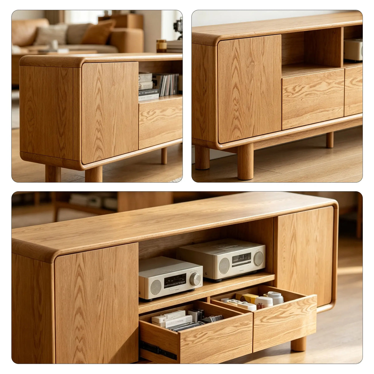 LUXORA Solid Oak TV Cabinet - 180/200cm Elevated Entertainment Unit with Dual Drawers, Open Shelves & Concealed Storage - Natural Oak