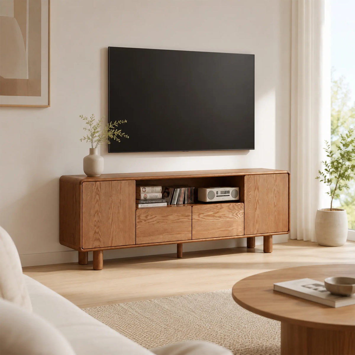 LUXORA Solid Oak TV Cabinet - 180/200cm Elevated Entertainment Unit with Dual Drawers, Open Shelves & Concealed Storage - Walnut