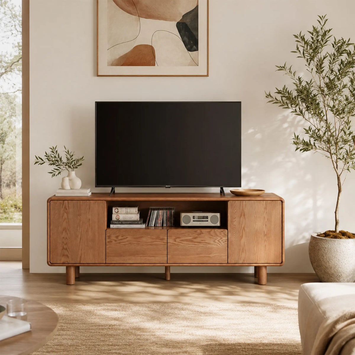 LUXORA Solid Oak TV Cabinet - 180/200cm Elevated Entertainment Unit with Dual Drawers, Open Shelves & Concealed Storage - Walnut
