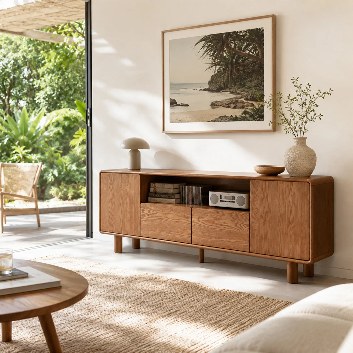 LUXORA Solid Oak TV Cabinet - 180/200cm Elevated Entertainment Unit with Dual Drawers, Open Shelves & Concealed Storage - Walnut