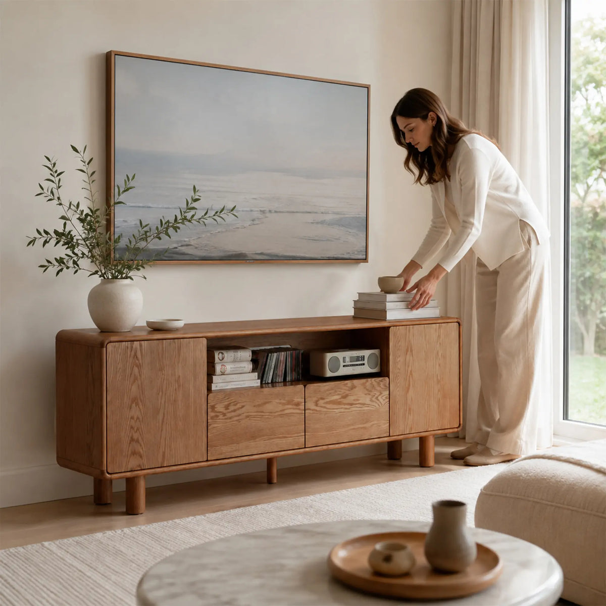 LUXORA Solid Oak TV Cabinet - 180/200cm Elevated Entertainment Unit with Dual Drawers, Open Shelves & Concealed Storage - Walnut