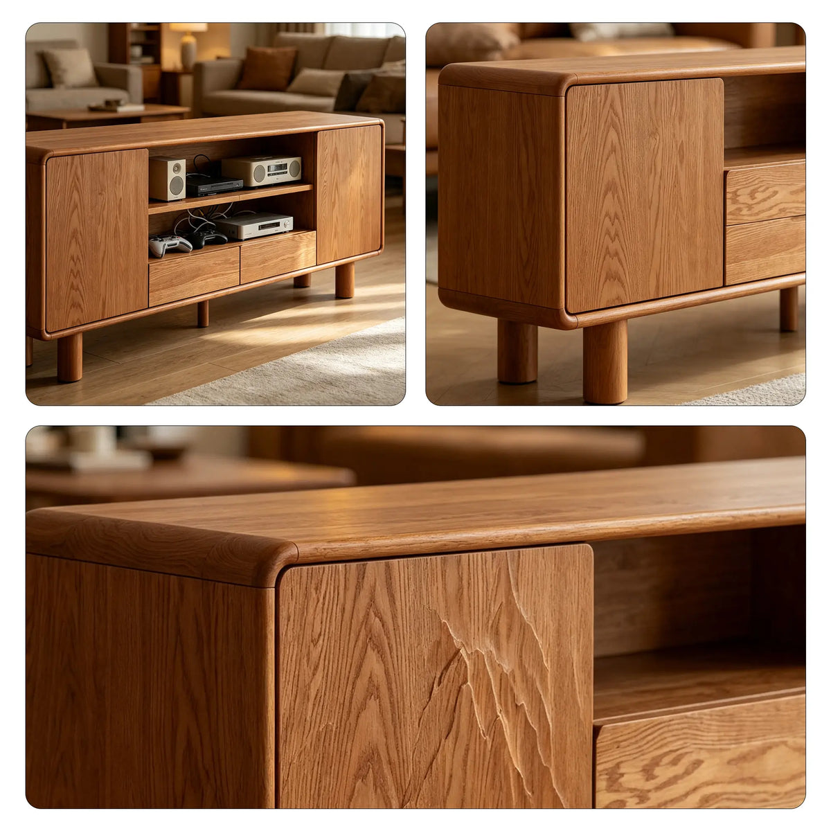 LUXORA Solid Oak TV Cabinet - 180/200cm Elevated Entertainment Unit with Dual Drawers, Open Shelves & Concealed Storage - Walnut