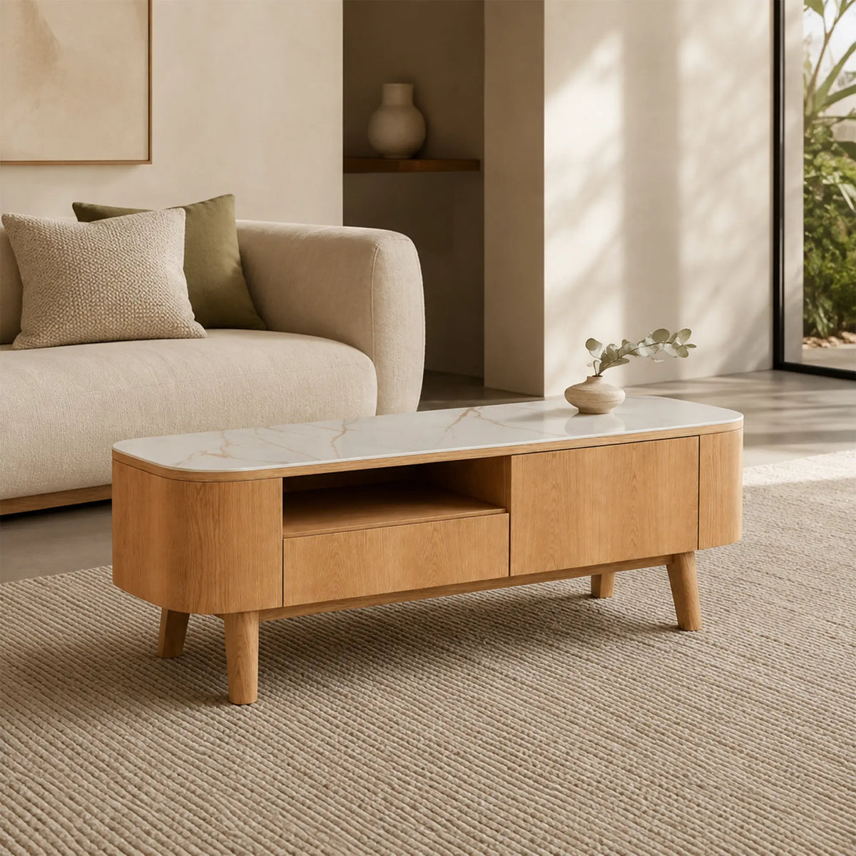 LUXORA Modern Rounded TV Cabinet - 160/180cm Wood-Look Entertainment Unit with Marble-Look Top, Open Shelf & Concealed Storage - Natural Oak