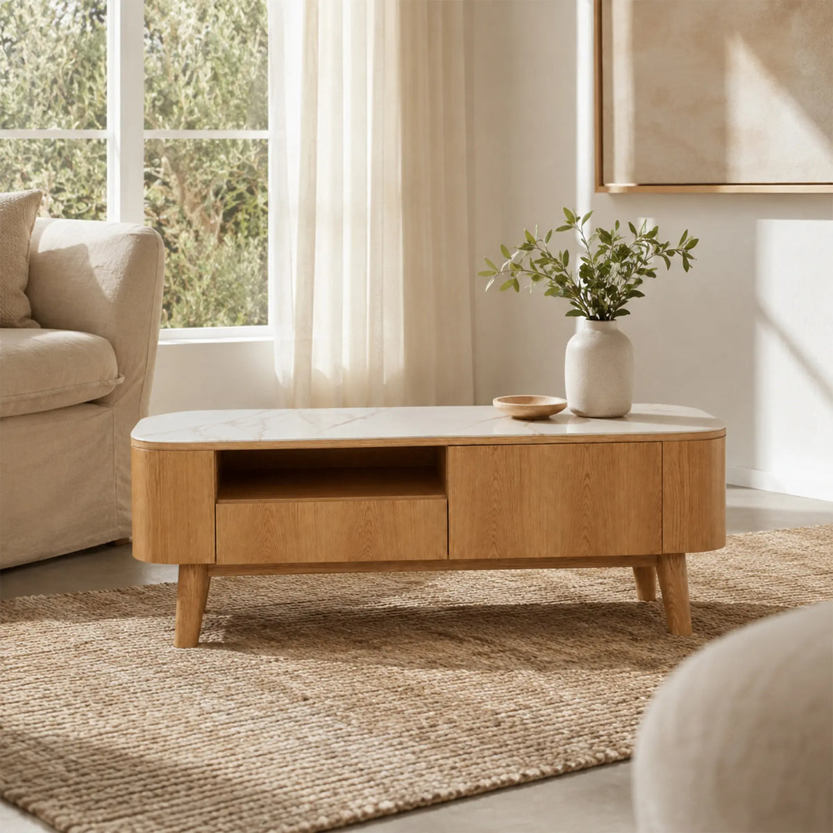 LUXORA Modern Rounded TV Cabinet - 160/180cm Wood-Look Entertainment Unit with Marble-Look Top, Open Shelf & Concealed Storage - Natural Oak