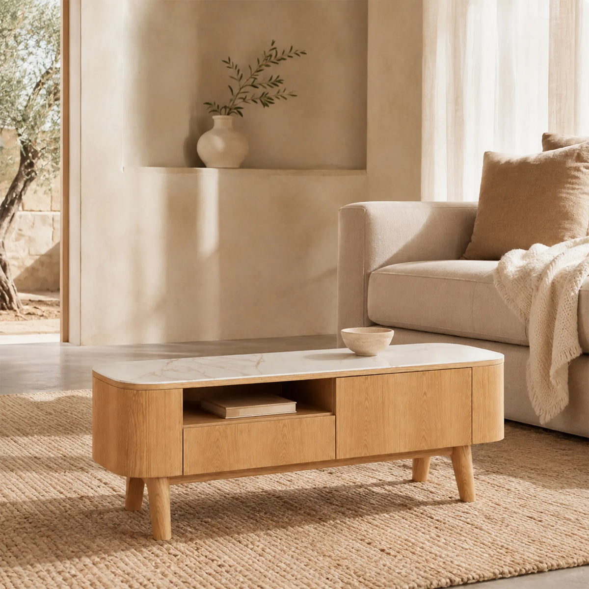 LUXORA Modern Rounded TV Cabinet - 160/180cm Wood-Look Entertainment Unit with Marble-Look Top, Open Shelf & Concealed Storage - Natural Oak