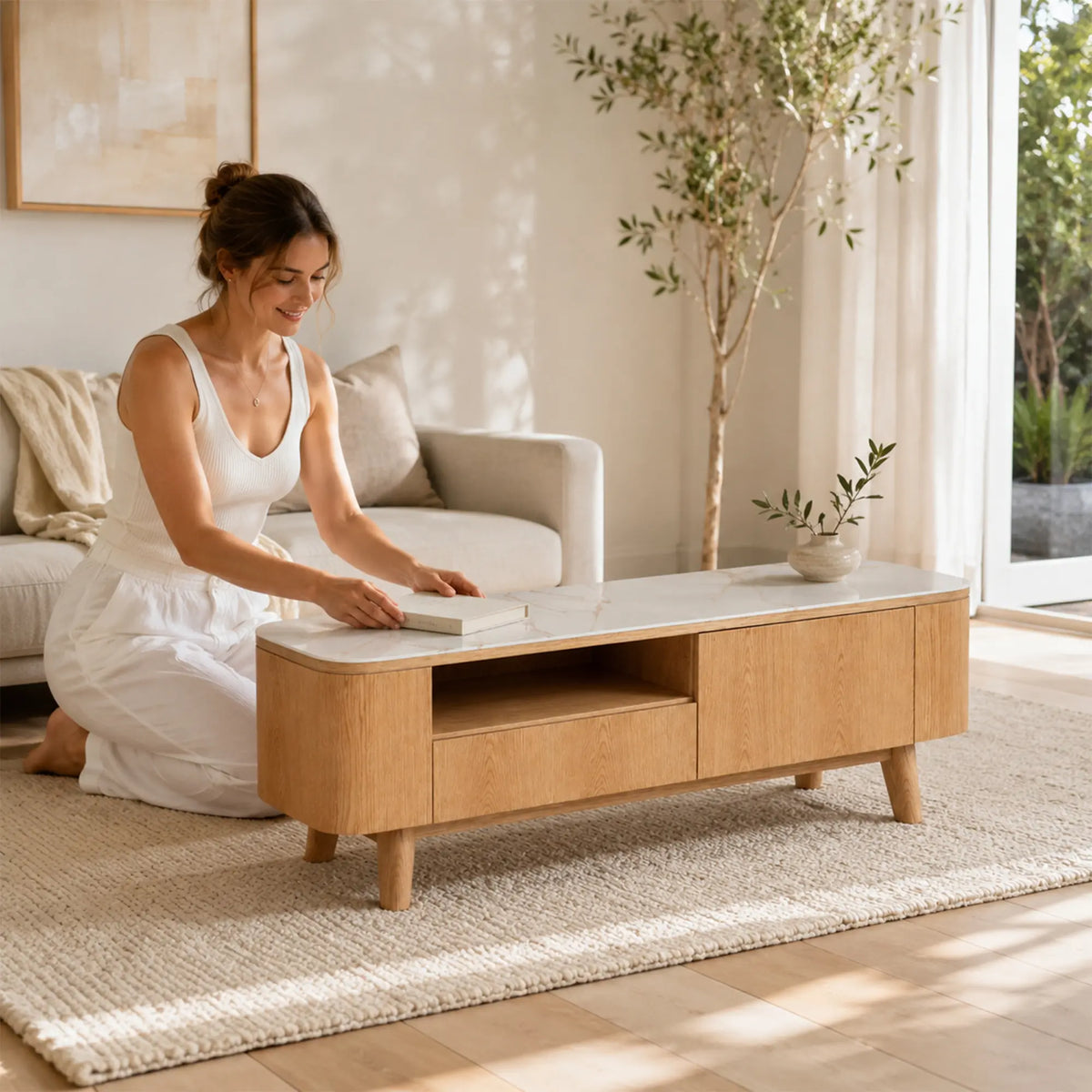 LUXORA Modern Rounded TV Cabinet - 160/180cm Wood-Look Entertainment Unit with Marble-Look Top, Open Shelf & Concealed Storage - Natural Oak