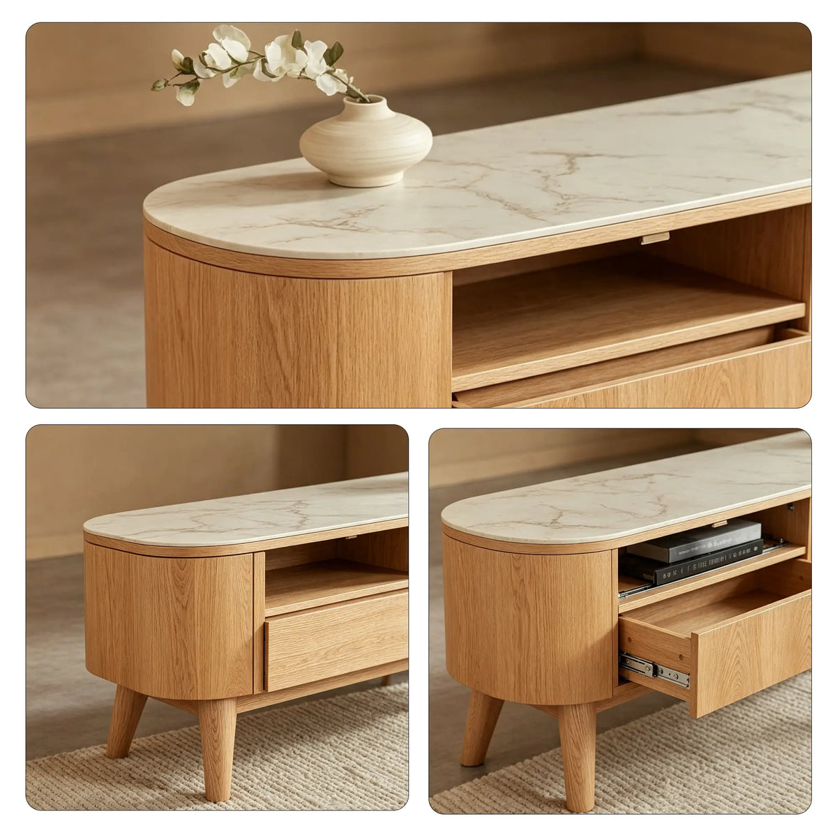 LUXORA Modern Rounded TV Cabinet - 160/180cm Wood-Look Entertainment Unit with Marble-Look Top, Open Shelf & Concealed Storage - Natural Oak