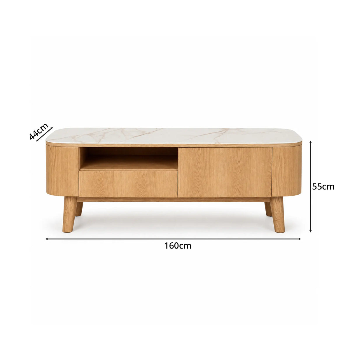 LUXORA Modern Rounded TV Cabinet - 160/180cm Wood-Look Entertainment Unit with Marble-Look Top, Open Shelf & Concealed Storage - Natural Oak
