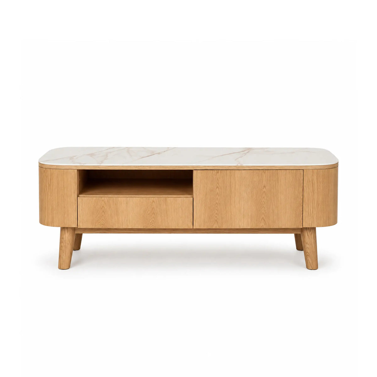 LUXORA Modern Rounded TV Cabinet - 160/180cm Wood-Look Entertainment Unit with Marble-Look Top, Open Shelf & Concealed Storage - Natural Oak