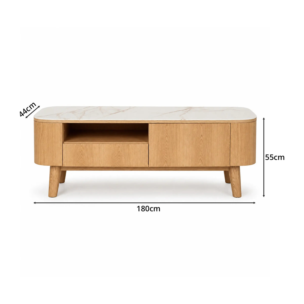 LUXORA Modern Rounded TV Cabinet - 160/180cm Wood-Look Entertainment Unit with Marble-Look Top, Open Shelf & Concealed Storage - Natural Oak