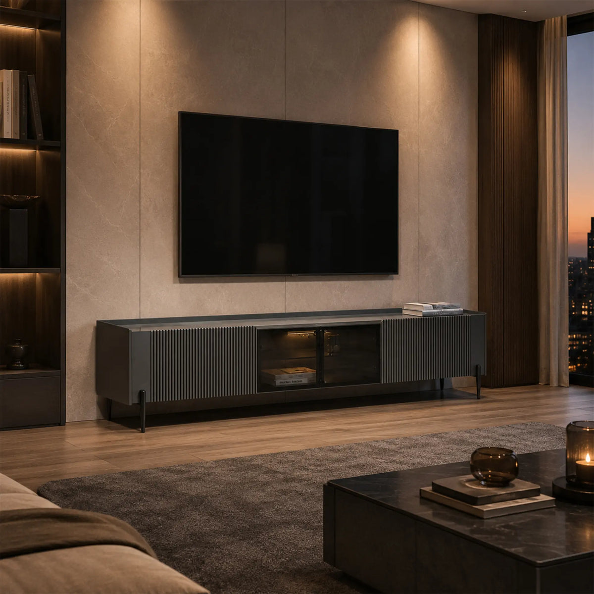 LUXORA Italian Sintered Stone TV Cabinet - 180/200cm Entertainment Unit with Sensor LED Lighting, Glass Doors & Metal Legs - Grey