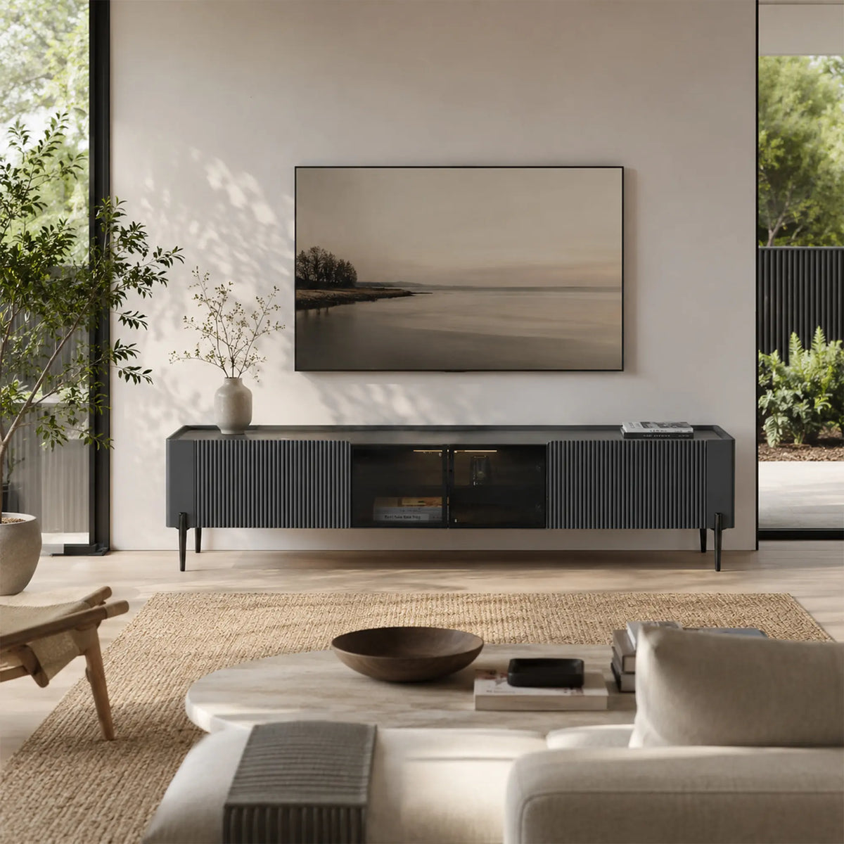 LUXORA Italian Sintered Stone TV Cabinet - 180/200cm Entertainment Unit with Sensor LED Lighting, Glass Doors & Metal Legs - Grey