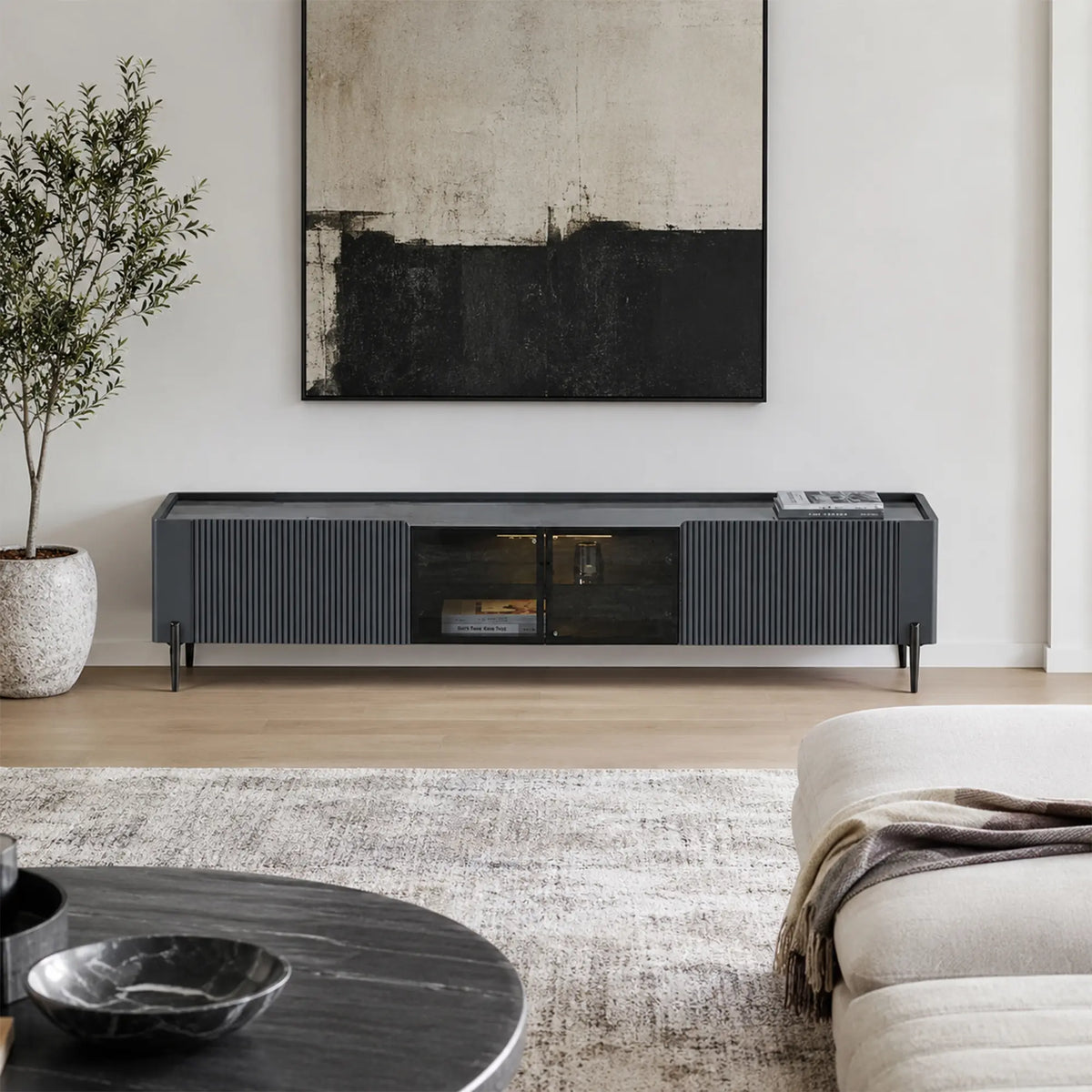 LUXORA Italian Sintered Stone TV Cabinet - 180/200cm Entertainment Unit with Sensor LED Lighting, Glass Doors & Metal Legs - Grey