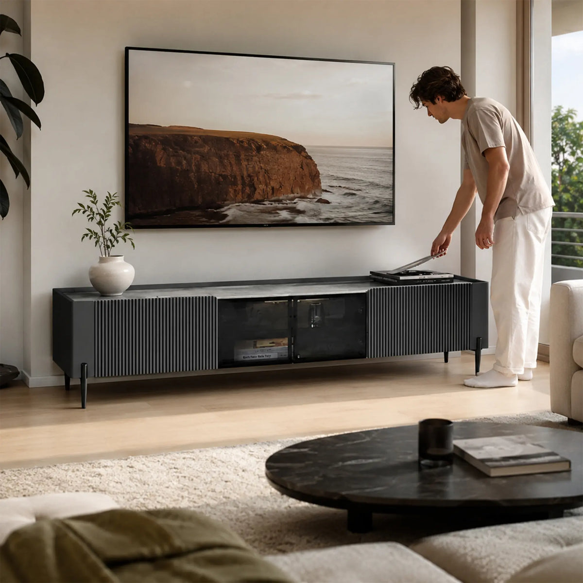 LUXORA Italian Sintered Stone TV Cabinet - 180/200cm Entertainment Unit with Sensor LED Lighting, Glass Doors & Metal Legs - Grey