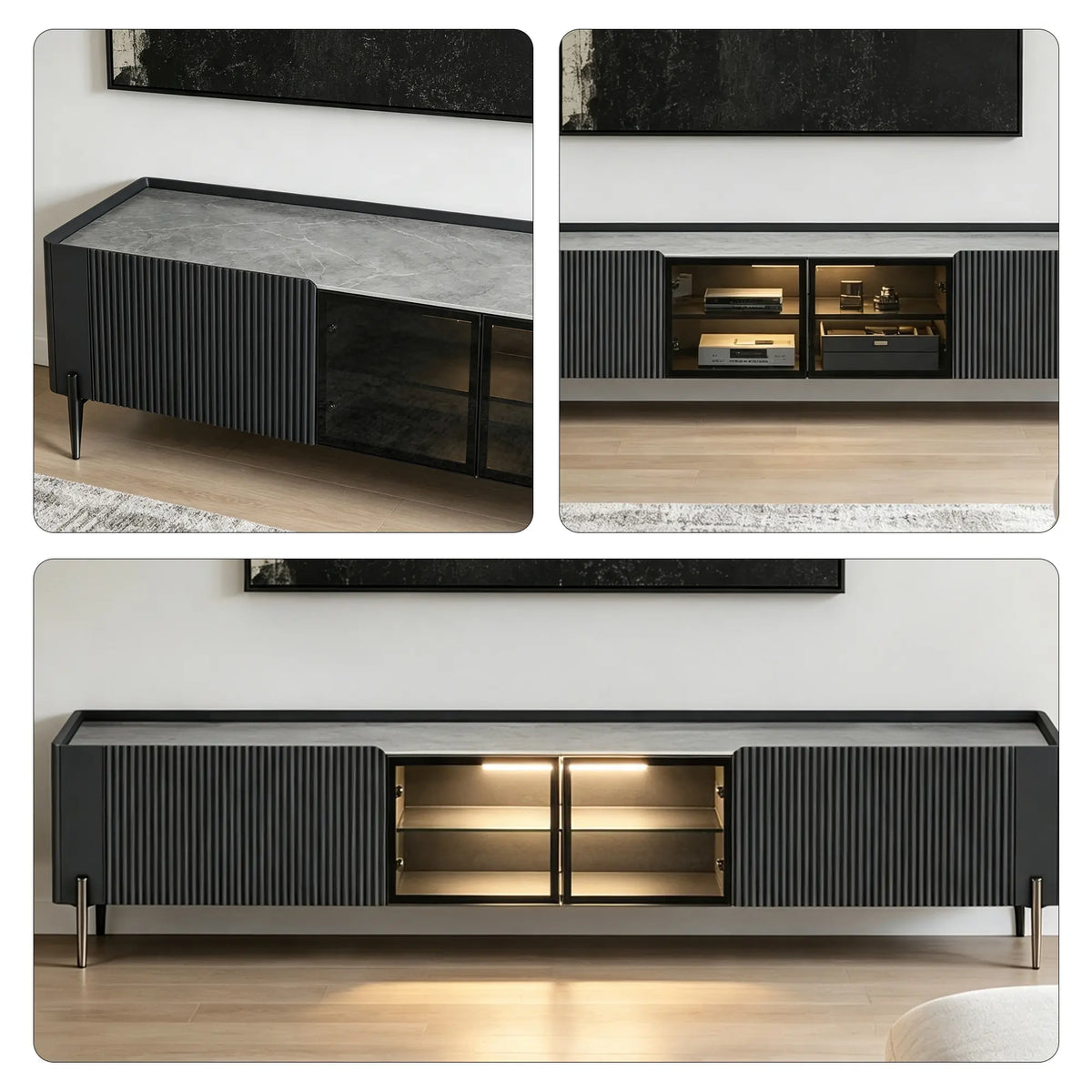 LUXORA Italian Sintered Stone TV Cabinet - 180/200cm Entertainment Unit with Sensor LED Lighting, Glass Doors & Metal Legs - Grey