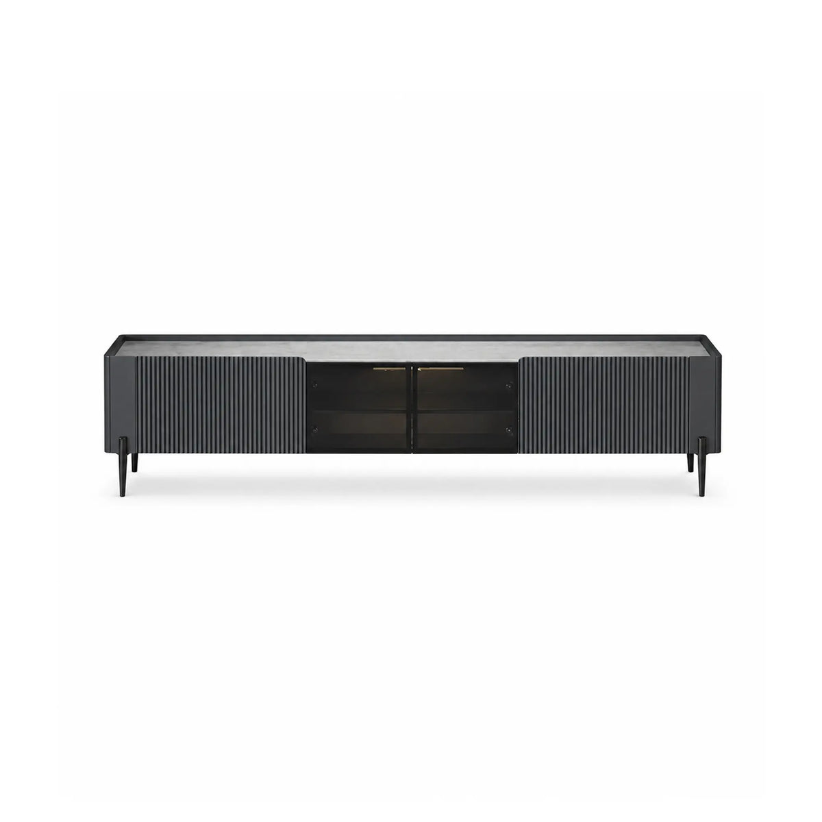 LUXORA Italian Sintered Stone TV Cabinet - 180/200cm Entertainment Unit with Sensor LED Lighting, Glass Doors & Metal Legs - Grey