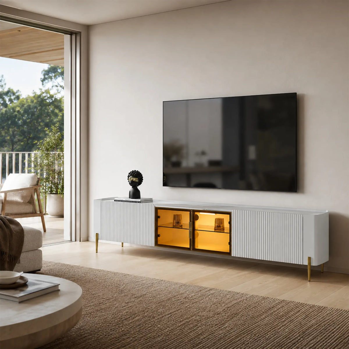 LUXORA Italian Sintered Stone TV Cabinet - 180/200cm Entertainment Unit with Sensor LED Lighting, Glass Doors & Metal Legs - White