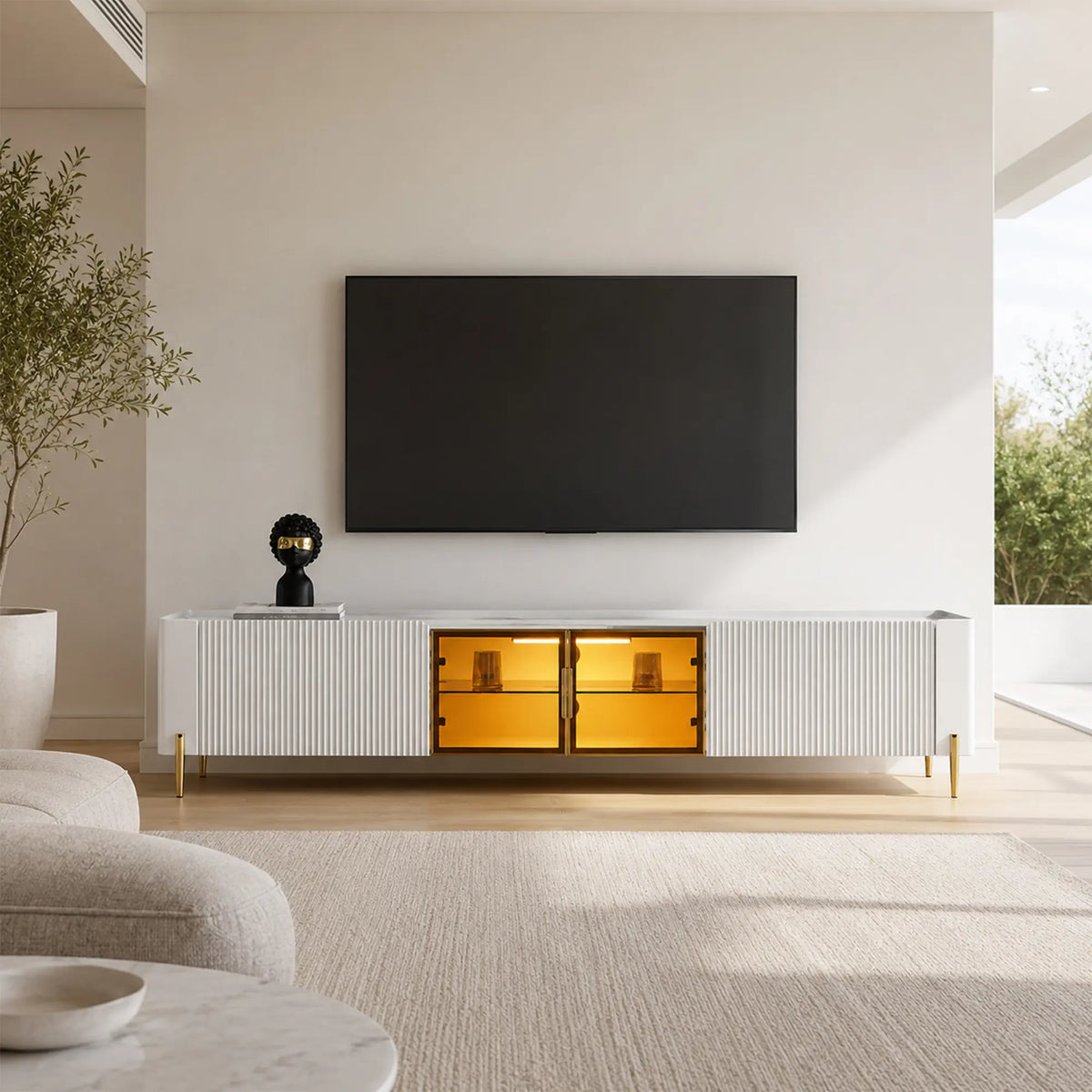 LUXORA Italian Sintered Stone TV Cabinet - 180/200cm Entertainment Unit with Sensor LED Lighting, Glass Doors & Metal Legs - White