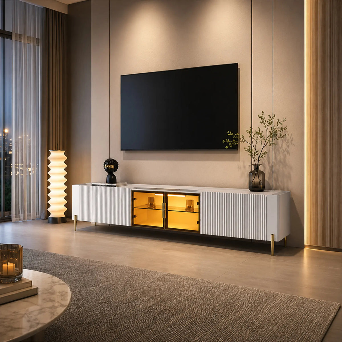 LUXORA Italian Sintered Stone TV Cabinet - 180/200cm Entertainment Unit with Sensor LED Lighting, Glass Doors & Metal Legs - White